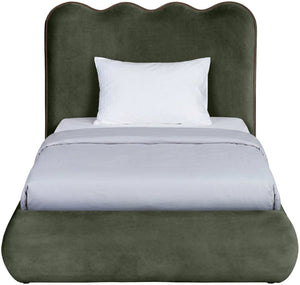 Meridian Furniture Tempo Velvet Twin Upholstered Bed with Sculptural Curved Headboard and Contrast Piping Detail Green TempoGreen-T
