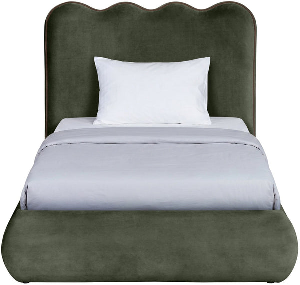 Meridian Furniture Tempo Velvet Twin Upholstered Bed with Sculptural Curved Headboard and Contrast Piping Detail Green TempoGreen-T