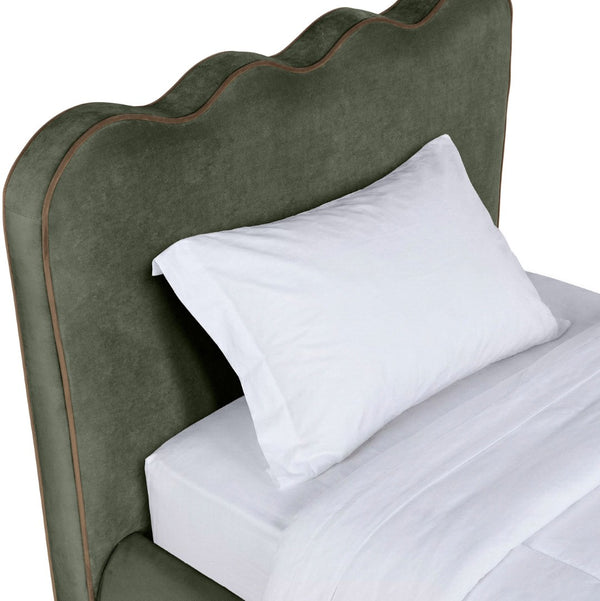 Meridian Furniture Tempo Velvet Twin Upholstered Bed with Sculptural Curved Headboard and Contrast Piping Detail Green TempoGreen-T
