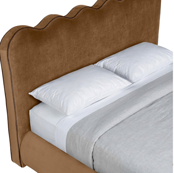 Meridian Furniture Tempo Sculptural Curved King Bed in Plush Velvet with Contrast Piping and Tall Headboard Saddle TempoSaddle-K