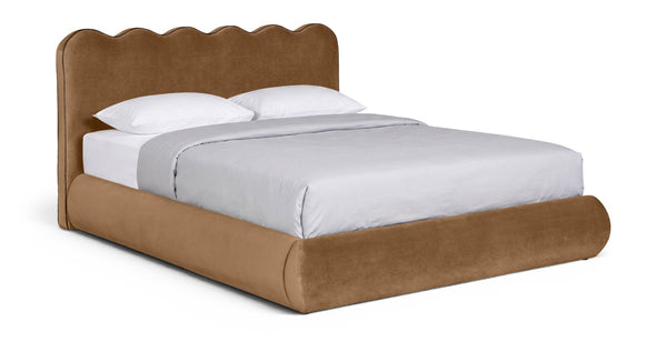 Meridian Furniture Tempo Queen Velvet Upholstered Bed Sculptural Headboard with Contrast Piping Glam Bedroom Saddle TempoSaddle-Q