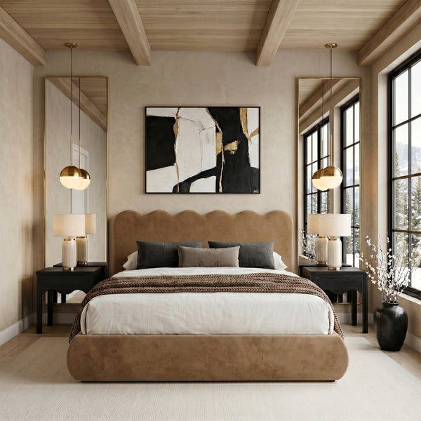 Meridian Furniture Tempo Queen Velvet Upholstered Bed Sculptural Headboard with Contrast Piping Glam Bedroom Saddle TempoSaddle-Q