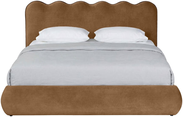 Meridian Furniture Tempo Queen Velvet Upholstered Bed Sculptural Headboard with Contrast Piping Glam Bedroom Saddle TempoSaddle-Q