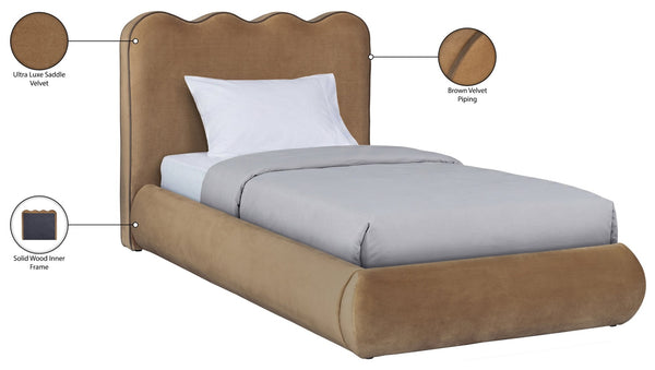 Meridian Furniture Tempo Velvet Twin Upholstered Bed with Sculptural Curved Headboard and Contrast Piping Detail Saddle TempoSaddle-T