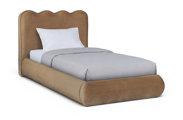 Meridian Furniture Tempo Velvet Twin Upholstered Bed with Sculptural Curved Headboard and Contrast Piping Detail Saddle TempoSaddle-T