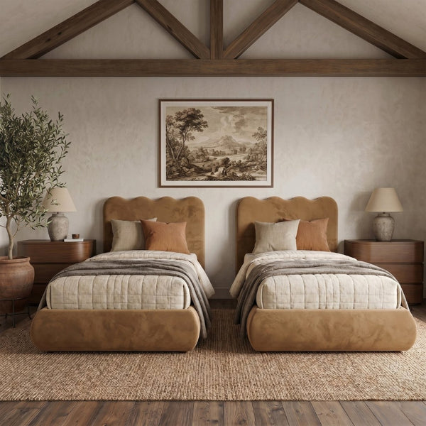 Meridian Furniture Tempo Velvet Twin Upholstered Bed with Sculptural Curved Headboard and Contrast Piping Detail Saddle TempoSaddle-T