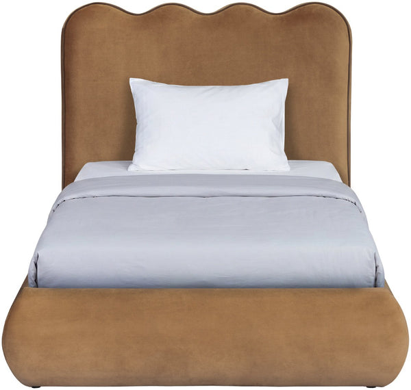 Meridian Furniture Tempo Velvet Twin Upholstered Bed with Sculptural Curved Headboard and Contrast Piping Detail Saddle TempoSaddle-T