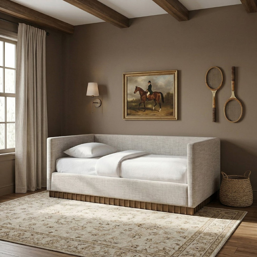 Meridian Furniture Teva Twin Daybed Linen Upholstered Frame with Walnut Base for Guest and Living Rooms Beige TevaBeige-T
