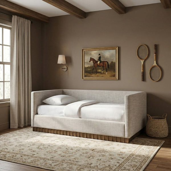 Meridian Furniture Teva Twin Daybed Linen Upholstered Frame with Walnut Base for Guest and Living Rooms Beige TevaBeige-T