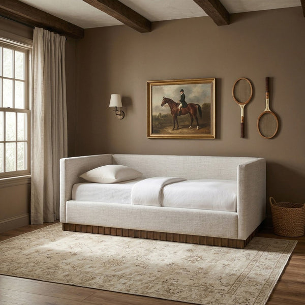 Meridian Furniture Teva Twin Daybed Linen Upholstered Frame with Walnut Base for Guest and Living Rooms Cream TevaCream-T