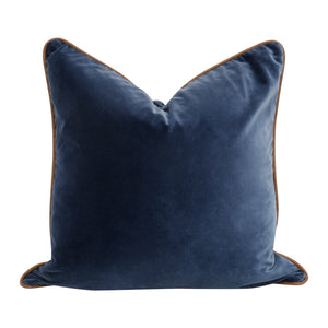 Essentials For Living The Not So Basic 22" Essential Pillow Set Of 2 - Luxurious Down-filled Decor For Modern Homes Denim Velvet,Whiskey Brown Top Grain Leather Piping  7202-22.Den/Wb