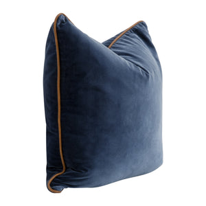 Essentials For Living The Not So Basic 22" Essential Pillow Set Of 2 - Luxurious Down-filled Decor For Modern Homes Denim Velvet,Whiskey Brown Top Grain Leather Piping  7202-22.Den/Wb