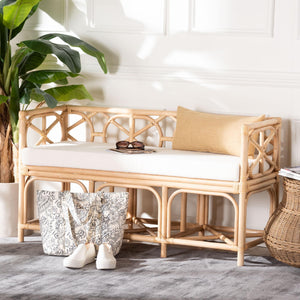 Bali & Pari Theo Handcrafted Rattan Bench with Cushion for Entryway or Living Room