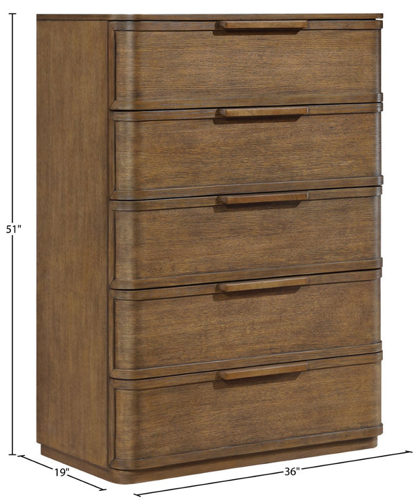 Meridian Furniture Tiberio Mid-century Tall Six Drawer Oak Veneer Chest with Soft Close Drawers for Bedroom Storage Brown TiberioBrown-CH