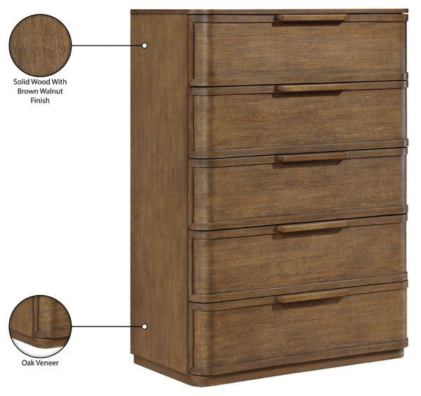 Meridian Furniture Tiberio Mid-century Tall Six Drawer Oak Veneer Chest with Soft Close Drawers for Bedroom Storage Brown TiberioBrown-CH