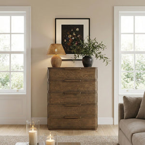 Meridian Furniture Tiberio Mid-century Tall Six Drawer Oak Veneer Chest with Soft Close Drawers for Bedroom Storage Brown TiberioBrown-CH