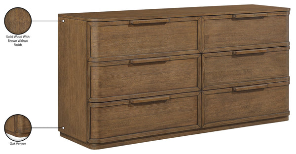 Meridian Furniture Tiberio Mid-century Oak Veneer Dresser with Soft Close Drawers for Modern Bedroom Storage Brown TiberioBrown-D