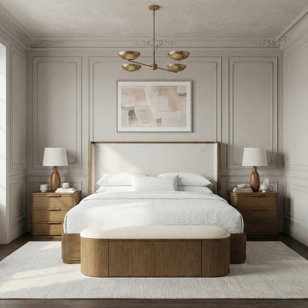 Meridian Furniture Tiberio Solid Wood King Bed Linen Upholstered Mid-century Frame for Modern Bedroom Decor Brown / Cream TiberioBrown-K