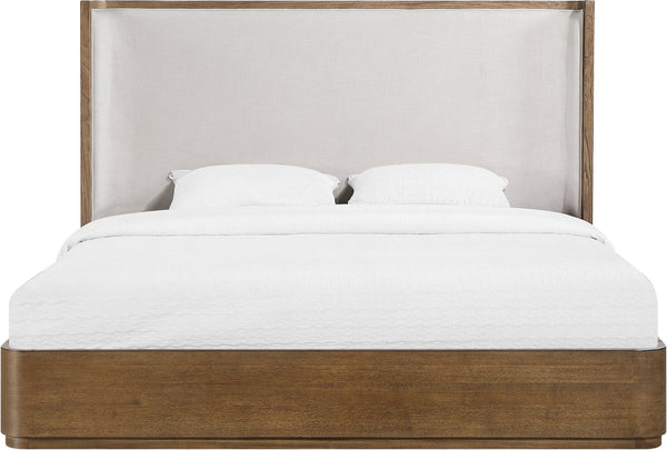 Meridian Furniture Tiberio Solid Wood King Bed Linen Upholstered Mid-century Frame for Modern Bedroom Decor Brown / Cream TiberioBrown-K