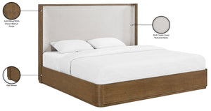 Meridian Furniture Tiberio Queen Bed Solid Wood Frame Linen Upholstered Headboard Mid-century Modern Bedroom Style Brown / Cream TiberioBrown-Q