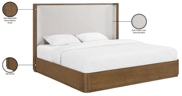Meridian Furniture Tiberio Queen Bed Solid Wood Frame Linen Upholstered Headboard Mid-century Modern Bedroom Style Brown / Cream TiberioBrown-Q