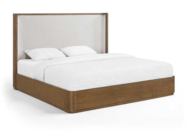Meridian Furniture Tiberio Queen Bed Solid Wood Frame Linen Upholstered Headboard Mid-century Modern Bedroom Style Brown / Cream TiberioBrown-Q