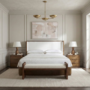 Meridian Furniture Tiberio Queen Bed Solid Wood Frame Linen Upholstered Headboard Mid-century Modern Bedroom Style Brown / Cream TiberioBrown-Q