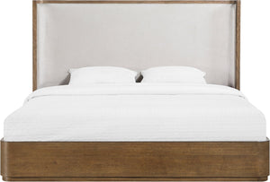 Meridian Furniture Tiberio Queen Bed Solid Wood Frame Linen Upholstered Headboard Mid-century Modern Bedroom Style Brown / Cream TiberioBrown-Q