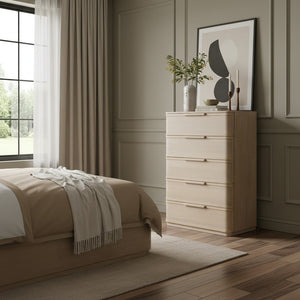 Meridian Furniture Tiberio Mid-century Tall Six Drawer Oak Veneer Chest with Soft Close Drawers for Bedroom Storage Natural TiberioNatural-CH