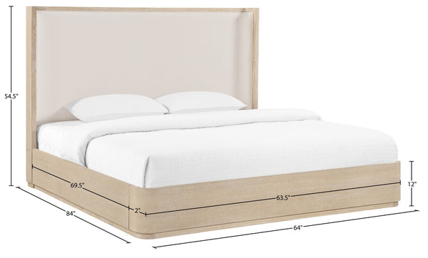 Meridian Furniture Tiberio Queen Bed Solid Wood Frame Linen Upholstered Headboard Mid-century Modern Bedroom Style Natural / Cream TiberioNatural-Q