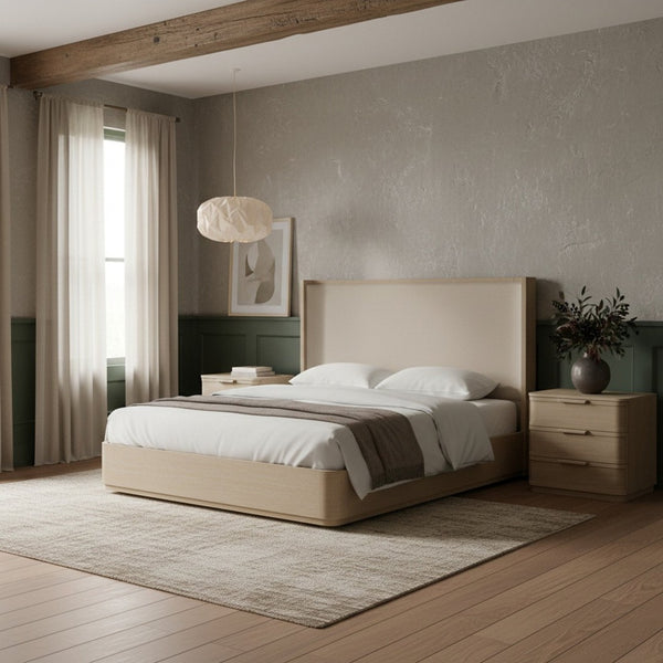 Meridian Furniture Tiberio Queen Bed Solid Wood Frame Linen Upholstered Headboard Mid-century Modern Bedroom Style Natural / Cream TiberioNatural-Q