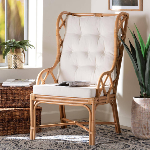 Bali & Pari Todd Handcrafted Rattan Wingback Lounge Chair with Tufted Cushions