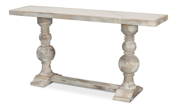 Sarreid Stacy Double Pedestal Console - Elegant Grey Oak & Calacatta Gloss, Stunning Tulip Wood Base Design Grey  U206-as