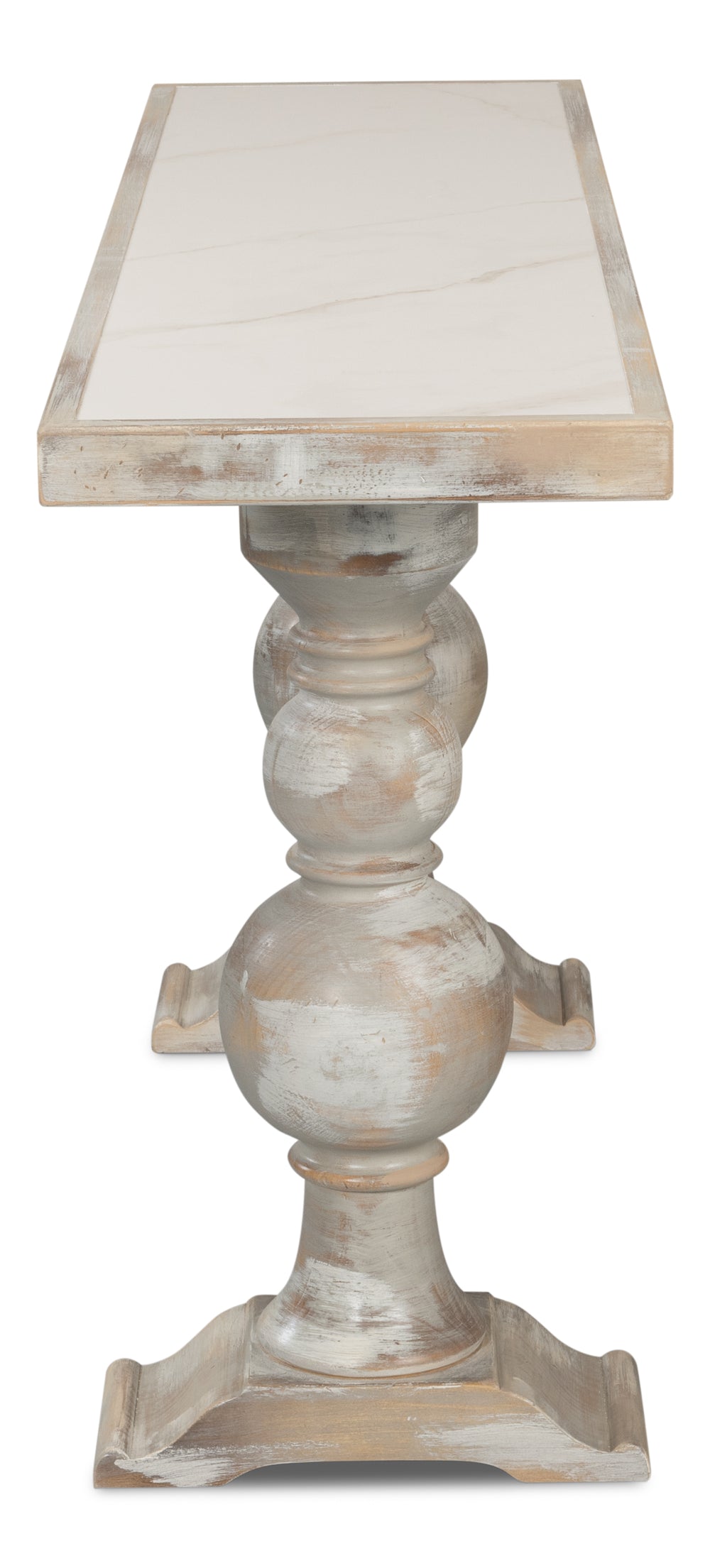 Sarreid Stacy Double Pedestal Console - Elegant Grey Oak & Calacatta Gloss, Stunning Tulip Wood Base Design Grey  U206-as