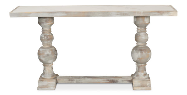 Sarreid Stacy Double Pedestal Console - Elegant Grey Oak & Calacatta Gloss, Stunning Tulip Wood Base Design Grey  U206-as