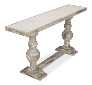 Sarreid Stacy Double Pedestal Console - Elegant Grey Oak & Calacatta Gloss, Stunning Tulip Wood Base Design Grey  U206-as