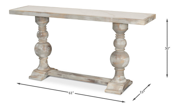Sarreid Stacy Double Pedestal Console - Elegant Grey Oak & Calacatta Gloss, Stunning Tulip Wood Base Design Grey  U206-as