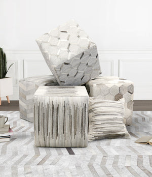 Pasargad Home Galaxy Cowhide Pouf Ottoman – Luxurious Silver/Grey Seating With Unique Zig-zag Design Silver Cowhide Ptpf-192