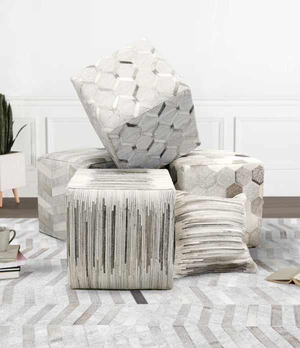 Pasargad Home Galaxy Cowhide Pouf Ottoman – Luxurious Silver/Grey Seating With Unique Zig-zag Design Silver Cowhide Ptpf-192