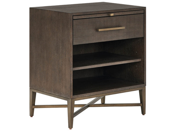 Universal Furniture Montclair Nightstand: Elegant Smoked Gold X-frame With Embossed Cocoa Drawer & Pull-out Shelf Cocoa  U508351-universal