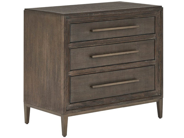 Universal Furniture Montclair Nightstand With 3 Drawers, Embossed Cocoa Fronts & Sleek Smoked Gold Metal Base Design Cocoa  U508355-universal