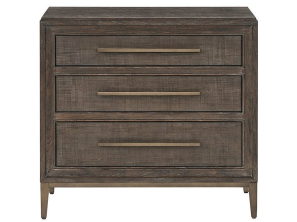 Universal Furniture Montclair Nightstand With 3 Drawers, Embossed Cocoa Fronts & Sleek Smoked Gold Metal Base Design Cocoa  U508355-universal