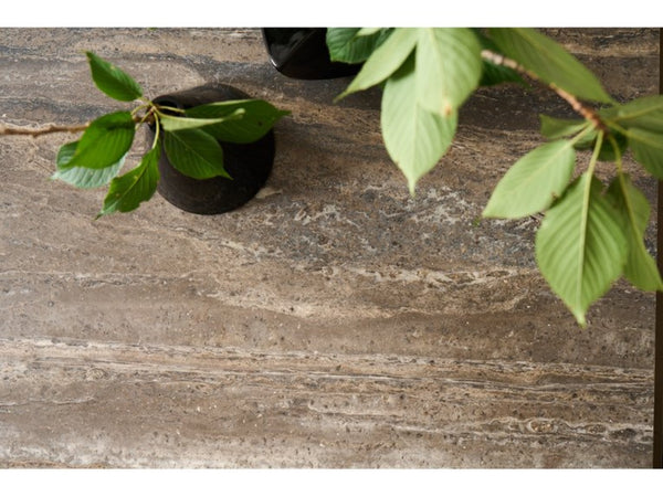 Universal Furniture Brindle Cocktail Table: Elegant Dark Gray Travertine Top, Cocoa Wood Shelf & Smoked Gold Frame Design Smioked Gold And Travertine  U508801-universal