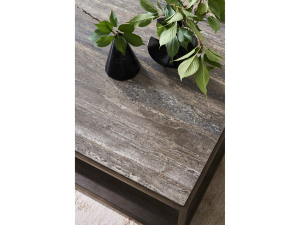 Universal Furniture Brindle Cocktail Table: Elegant Dark Gray Travertine Top, Cocoa Wood Shelf & Smoked Gold Frame Design Smioked Gold And Travertine  U508801-universal