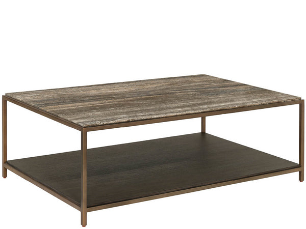 Universal Furniture Brindle Cocktail Table: Elegant Dark Gray Travertine Top, Cocoa Wood Shelf & Smoked Gold Frame Design Smioked Gold And Travertine  U508801-universal