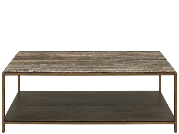 Universal Furniture Brindle Cocktail Table: Elegant Dark Gray Travertine Top, Cocoa Wood Shelf & Smoked Gold Frame Design Smioked Gold And Travertine  U508801-universal