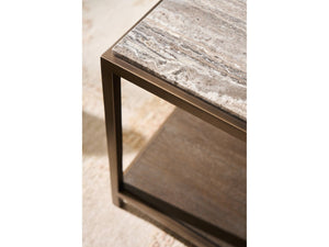 Universal Furniture Brindle End Table With Dark Gray Travertine Top & Cocoa Wood Shelf – Elegant Smoked Gold Frame Smioked Gold And Travertine  U508802-universal