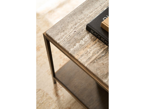 Universal Furniture Brindle End Table With Dark Gray Travertine Top & Cocoa Wood Shelf – Elegant Smoked Gold Frame Smioked Gold And Travertine  U508802-universal
