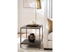 Universal Furniture Brindle End Table With Dark Gray Travertine Top & Cocoa Wood Shelf – Elegant Smoked Gold Frame Smioked Gold And Travertine  U508802-universal