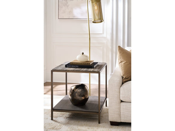 Universal Furniture Brindle End Table With Dark Gray Travertine Top & Cocoa Wood Shelf – Elegant Smoked Gold Frame Smioked Gold And Travertine  U508802-universal